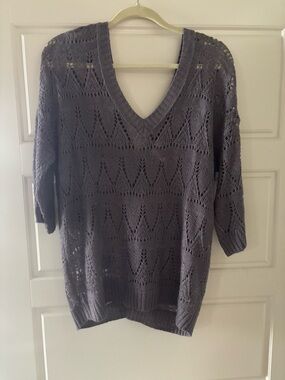 Frenchi Open Knit V-Neck Sweater in Charcoal Gray